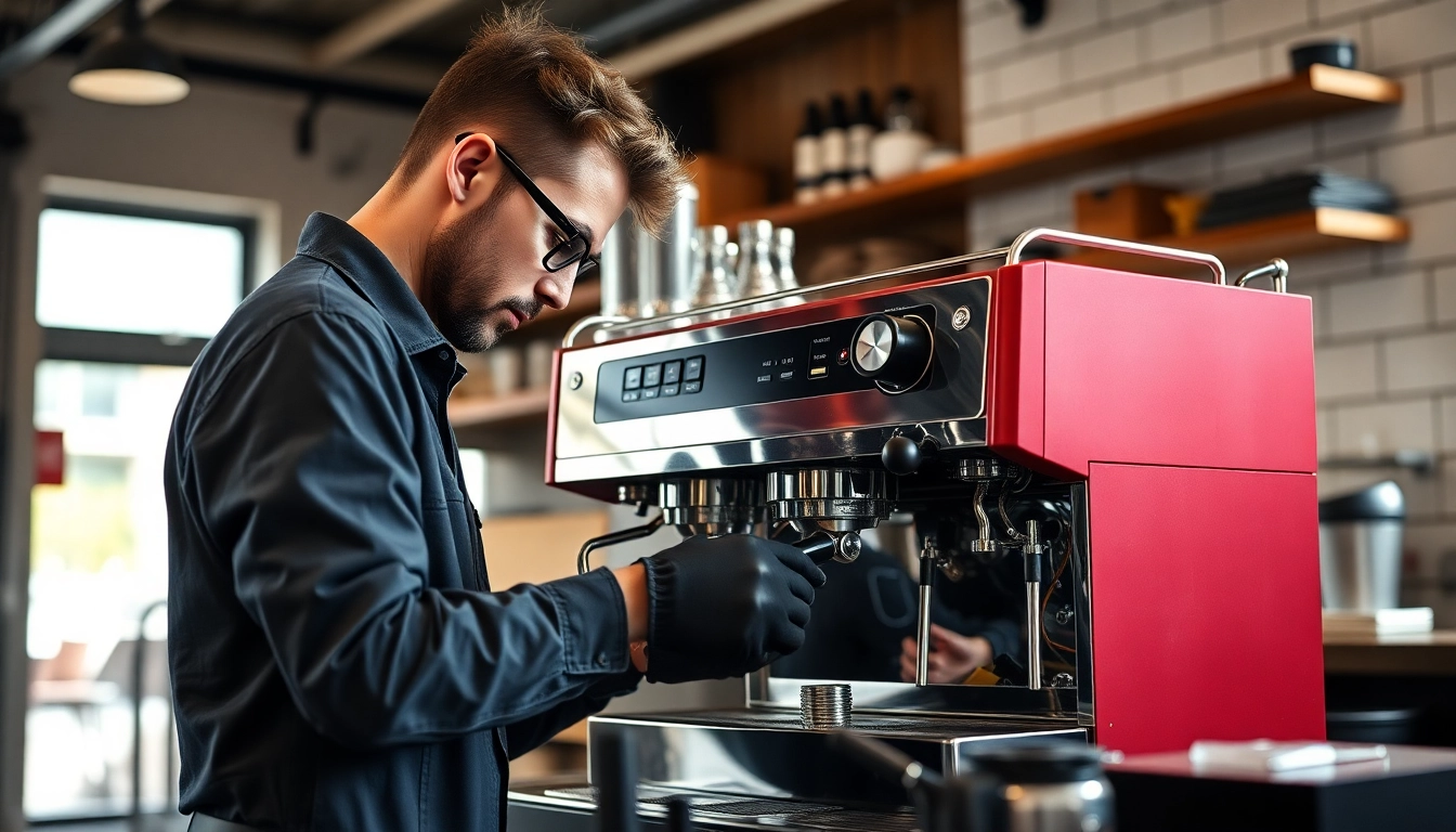 Cimbali service technique being applied by a technician during espresso machine repair.