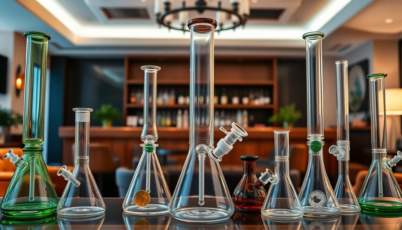 Showcasing stylish bongs in a modern lounge setting with unique designs and warm lighting.