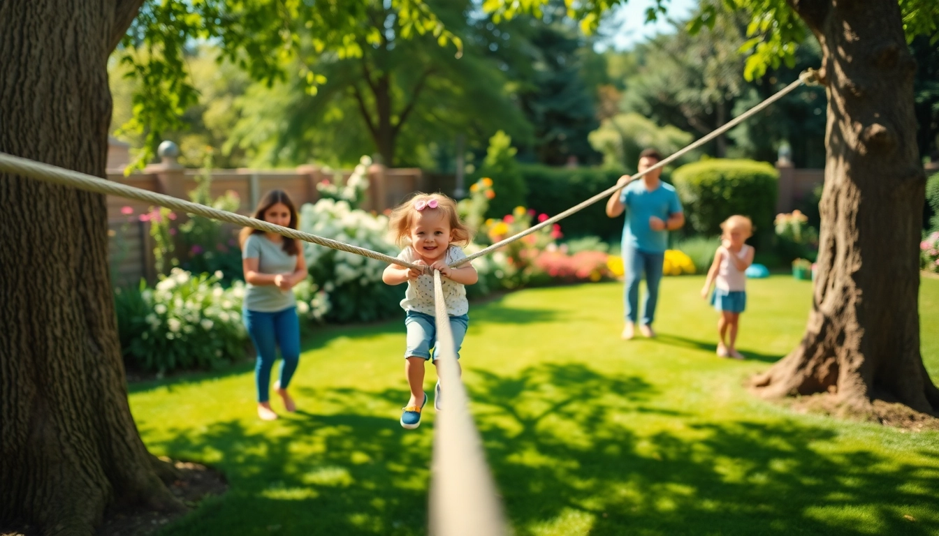 Child enjoying the GARDEN ZIP WIRE KIT in a vibrant garden setting with flowers.