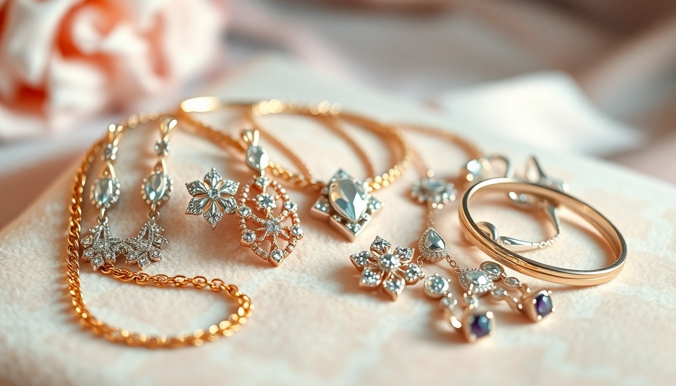 Showcase of exquisite women jewelry including necklaces, earrings, and bracelets on velvet.