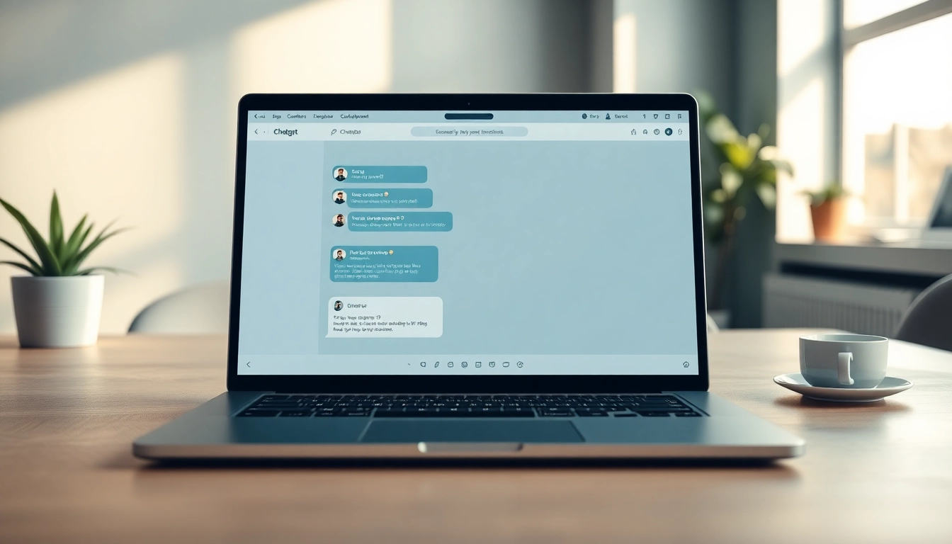 Engaging chatgpt chatbot interface displayed on a sleek laptop in a modern office.