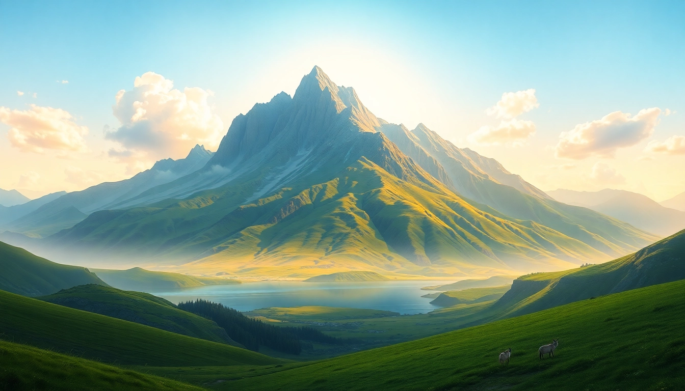 Stunning landscape paintings of a mountain range at sunrise, with vibrant colors and serene atmosphere.