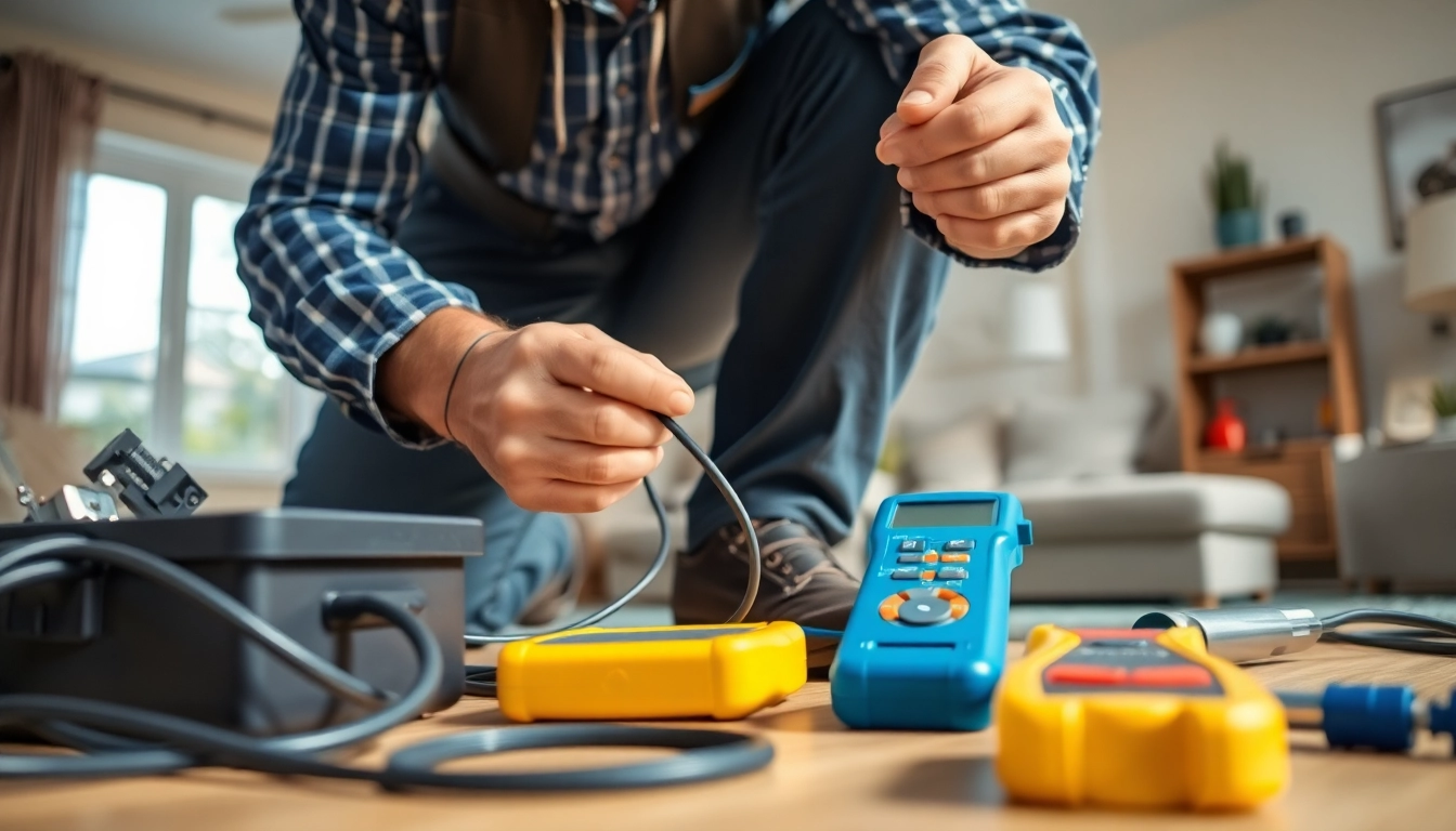 Electrician installing wiring in a cozy home setting, showcasing expert skills and tools.
