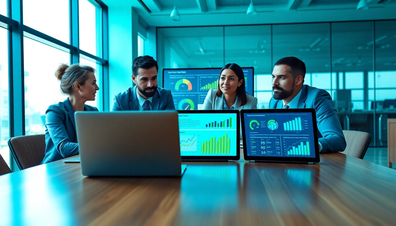 Teams analyzing insights using AI for competitive intelligence in a modern office.