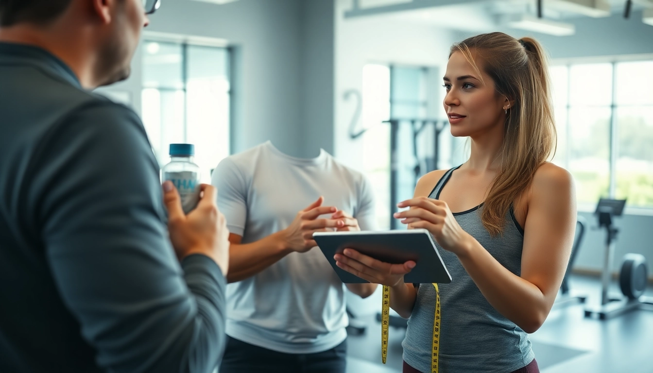 Engaging health coach guiding a client through a weight program in a bright gym.