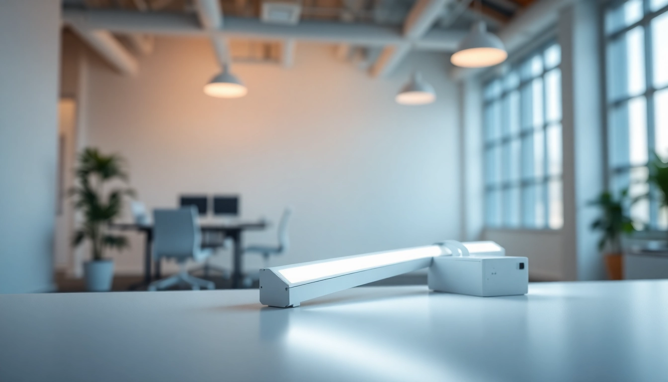 Showcasing LED Batten Light Sourcing with energy-efficient lights in a modern office environment.