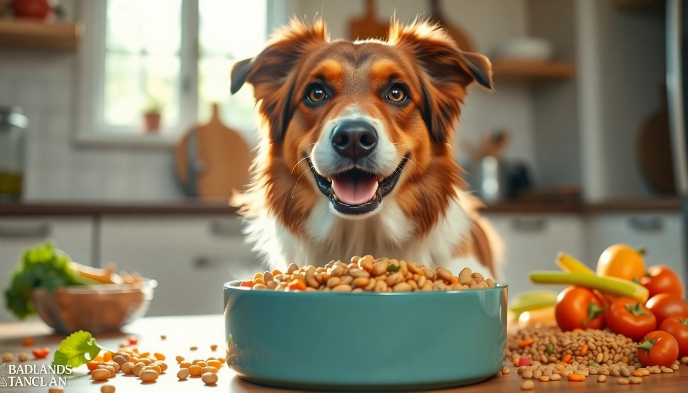 Happy dog relishing healthy badlands ranch dog food, showcasing vitality and nutrition.