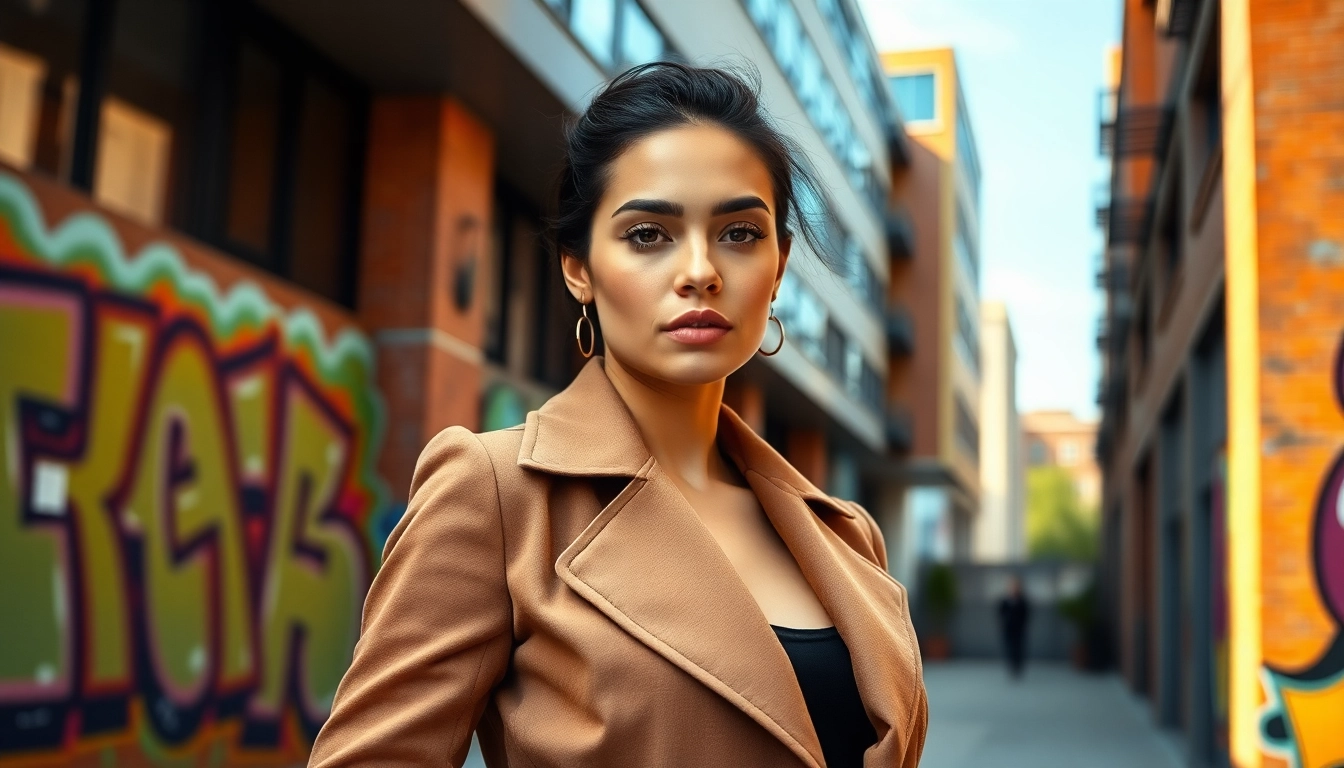 Fashionable woman models a stylish jacket womens against a vibrant urban backdrop.