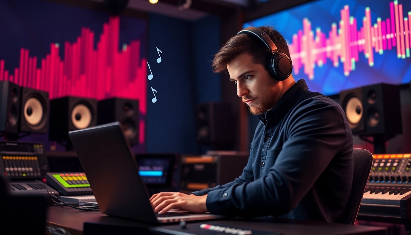 Musician engaging in music pitching, surrounded by creative tools in a dynamic studio.