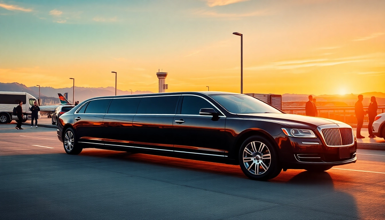 Limo Vancouver airport with luxurious limousine ready for pickup against a vibrant airport backdrop.
