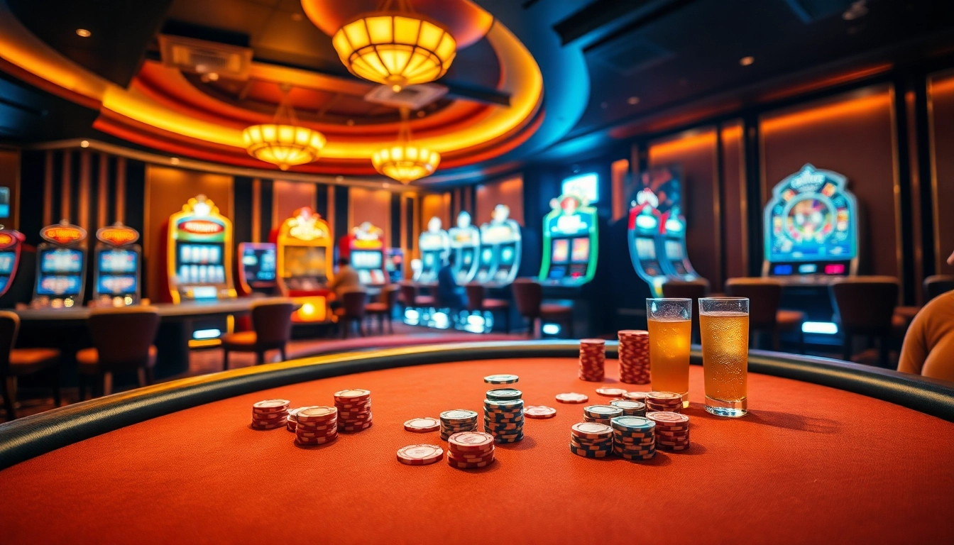 Experience the thrill of TPower casino with a vibrant poker table and slot machines.