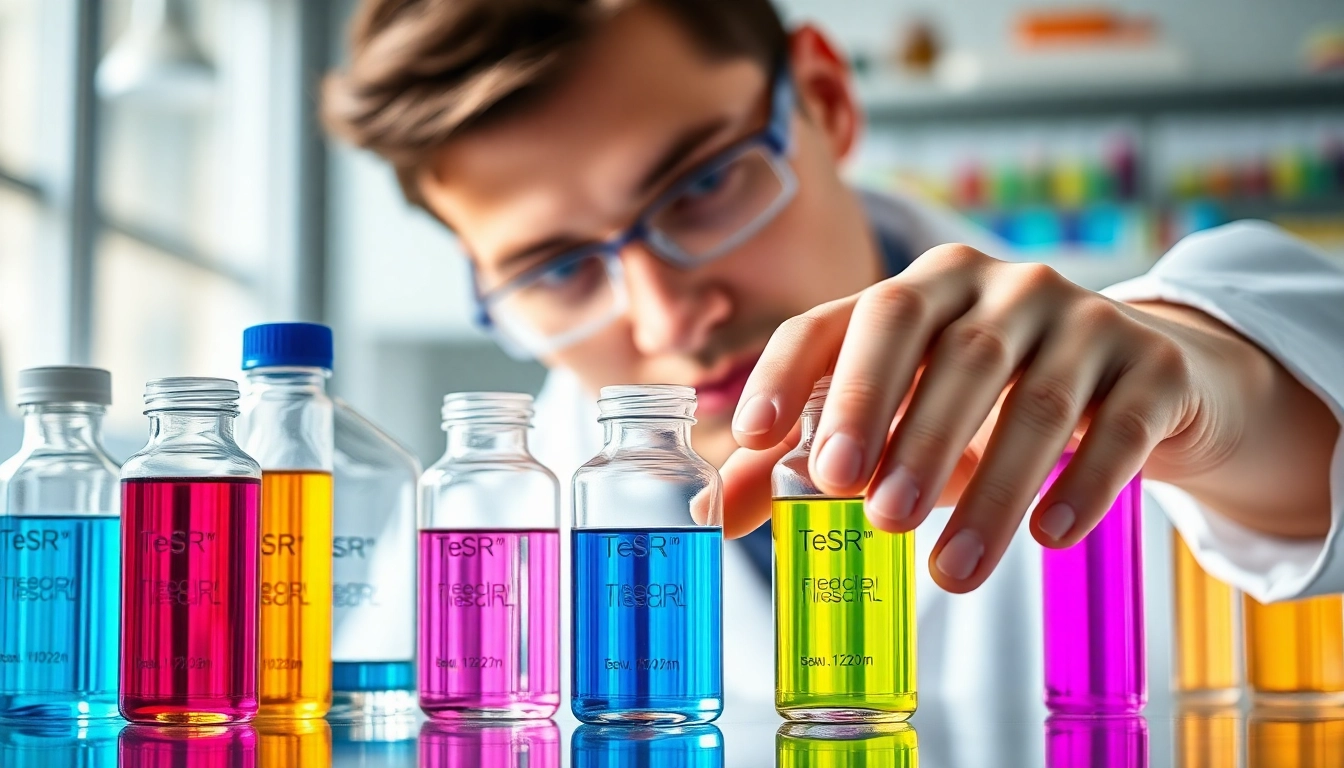 Highlight all check in a researcher meticulously examining TeSR™ feeder-free PSC culture media in a lab.