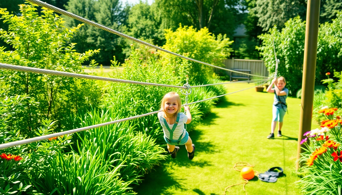 Kids enjoying the GARDEN ZIP WIRE KIT in a vibrant backyard filled with greenery.