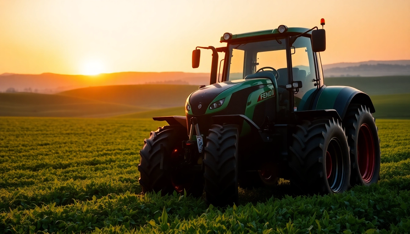 Fendt-Traktor in einem grünen Feld bei Sonnenuntergang arbeiten.