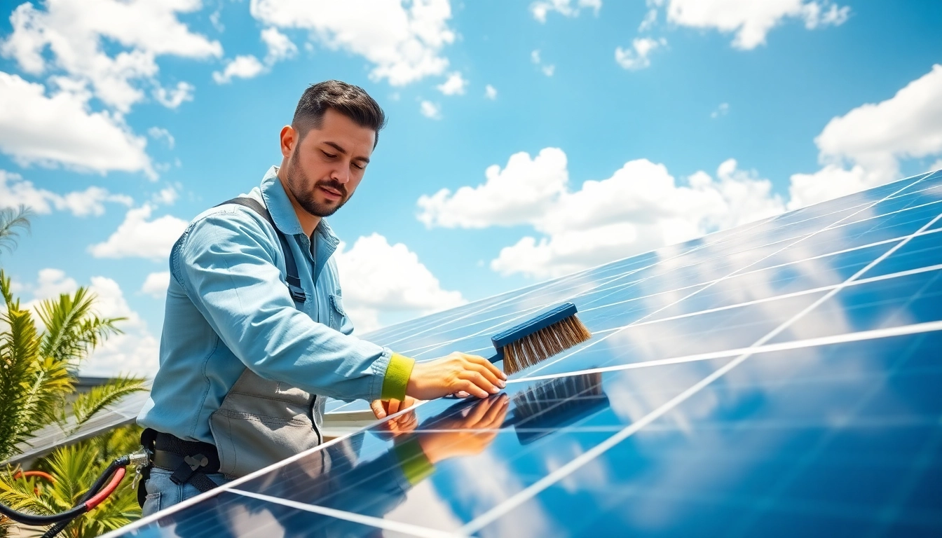 Solar panel cleaning services Phoenix, professional technician cleaning solar panels on a rooftop.