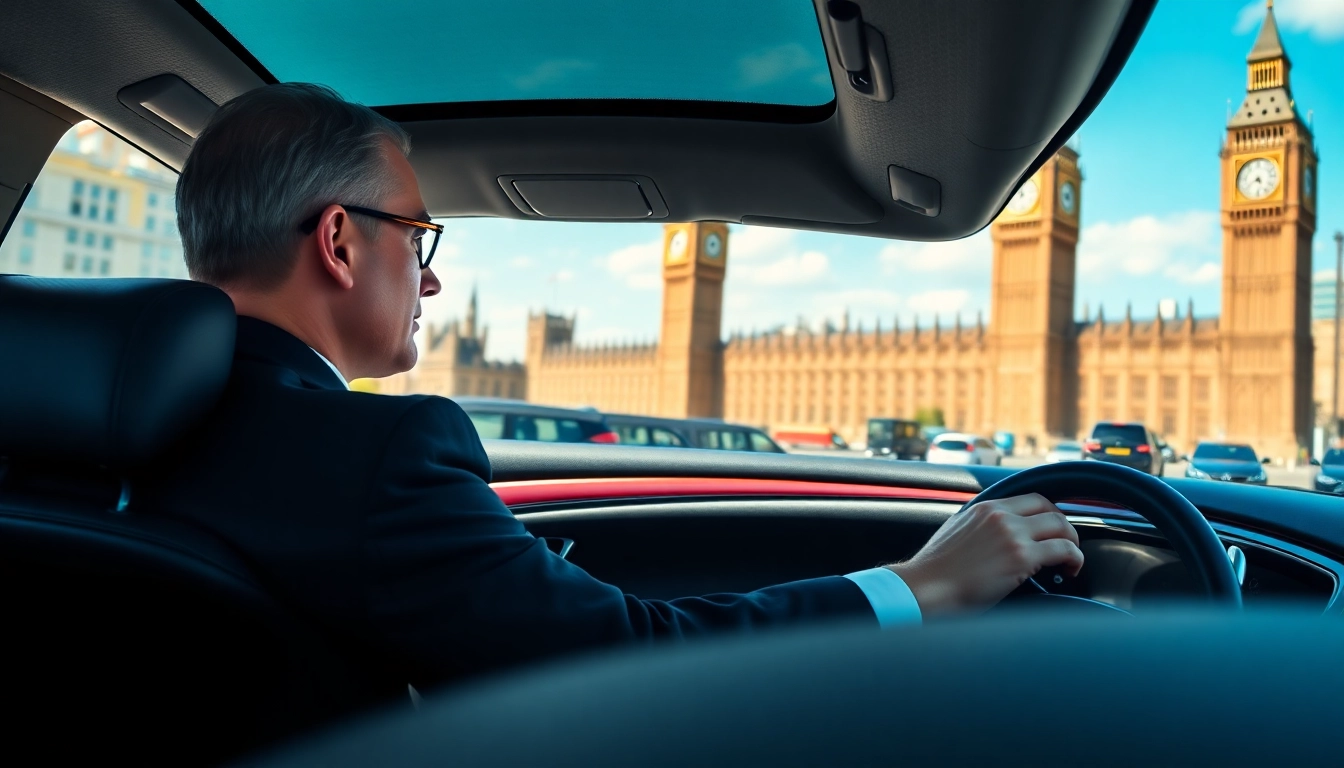Experience premier london chauffeur service with a professional driver in a luxurious vehicle against London's skyline.