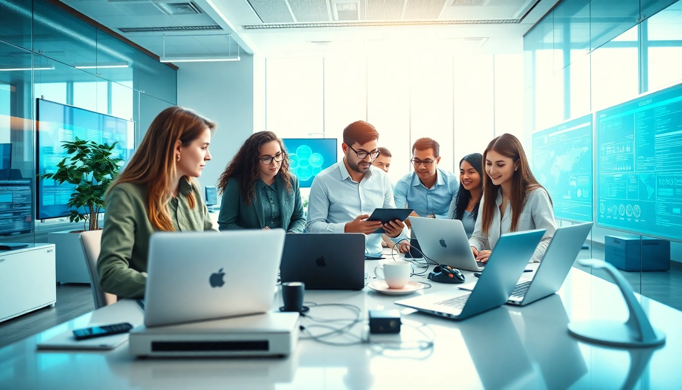 Technology Companies professionals collaborating in a vibrant office environment filled with modern gadgets.