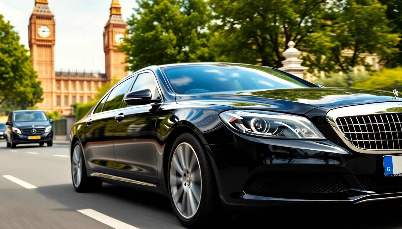 Experience a luxury chauffeur service London with a premium black car driving past iconic landmarks.