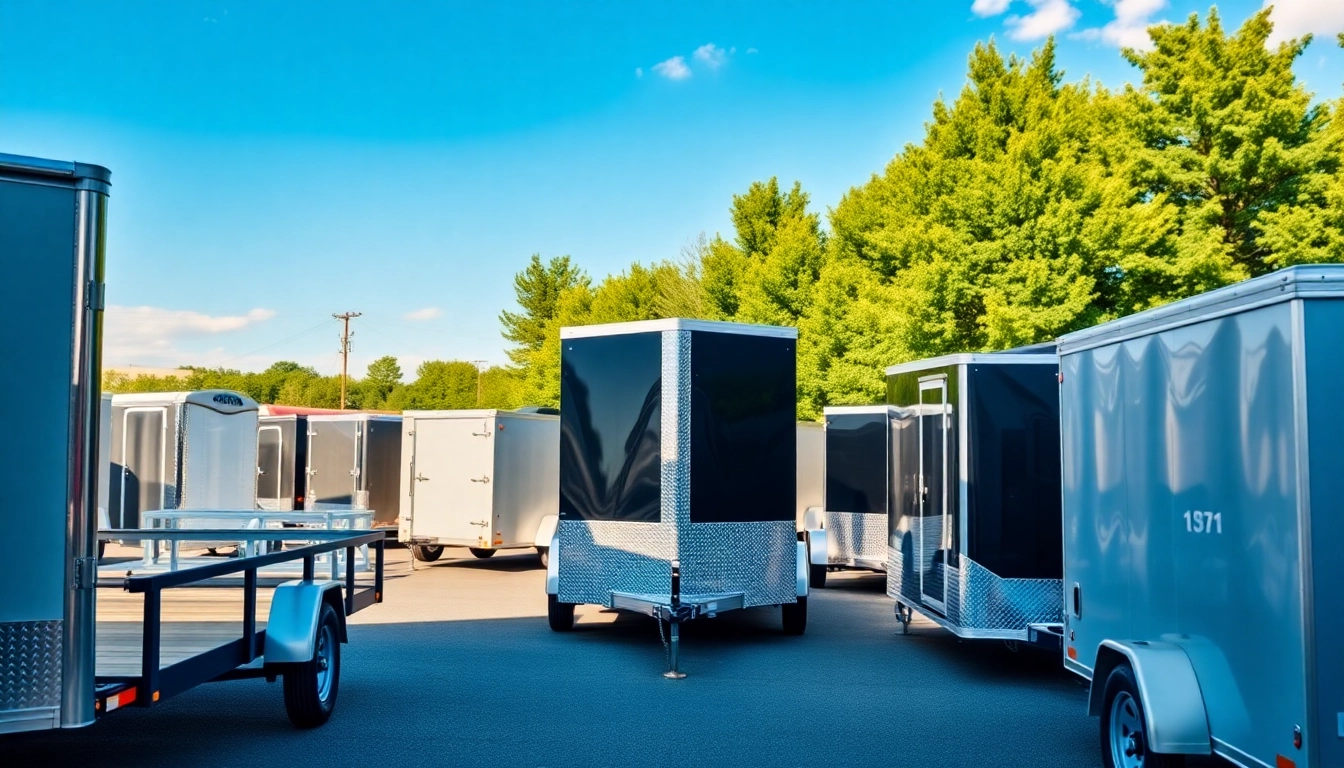 View of multiple trailers near me showcasing different styles and prices in a vibrant outdoor setting.