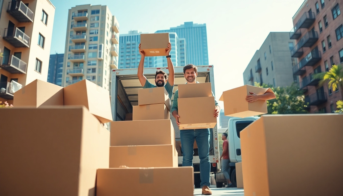 Brooklyn movers efficiently transporting boxes in a bright urban environment.
