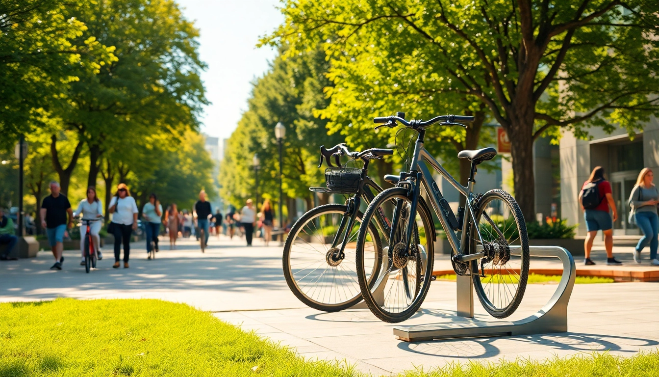 Showcasing a stylish designer bike rack with bikes elegantly displayed in a vibrant park setting.