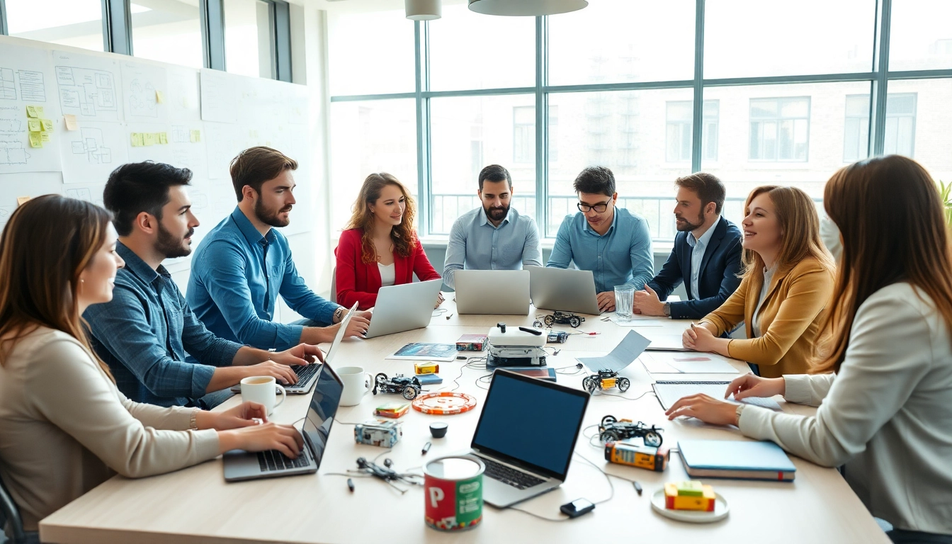 Product Development team brainstorming collaboratively in a modern office environment.