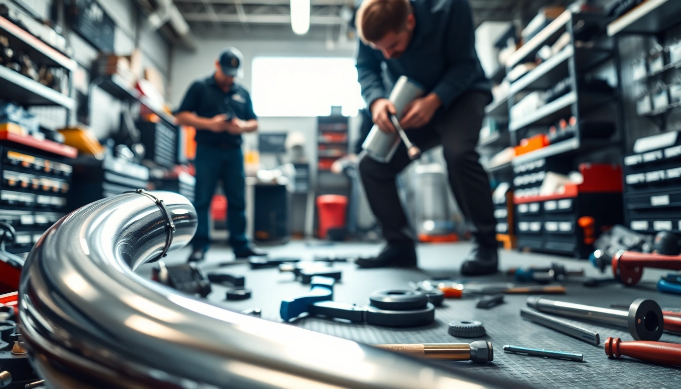 Install a downpipe n55 with skilled hands in a vibrant workshop setting.