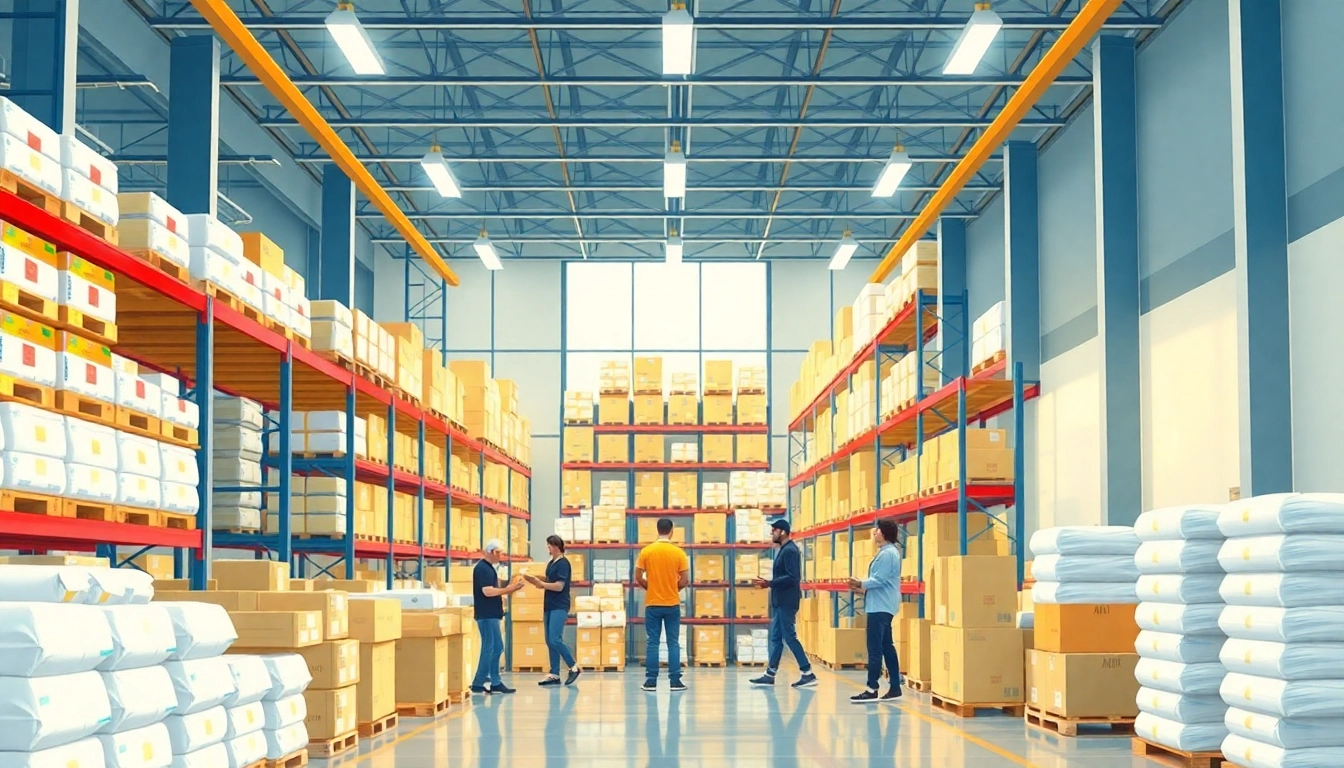 Showcasing an amazon business wholesale operation with organized bulk products in a modern warehouse.