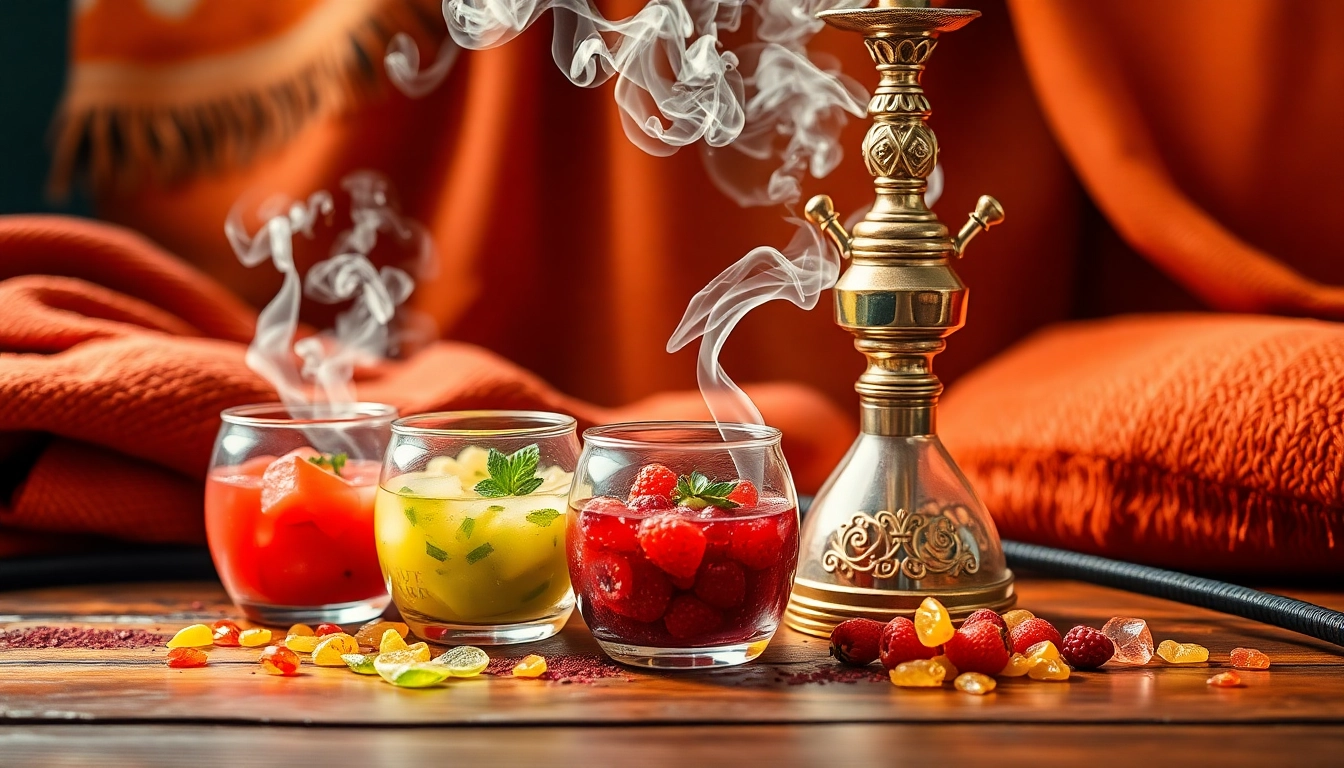 Explore vibrant shisha hookah flavors artfully arranged around an ornate hookah setup.