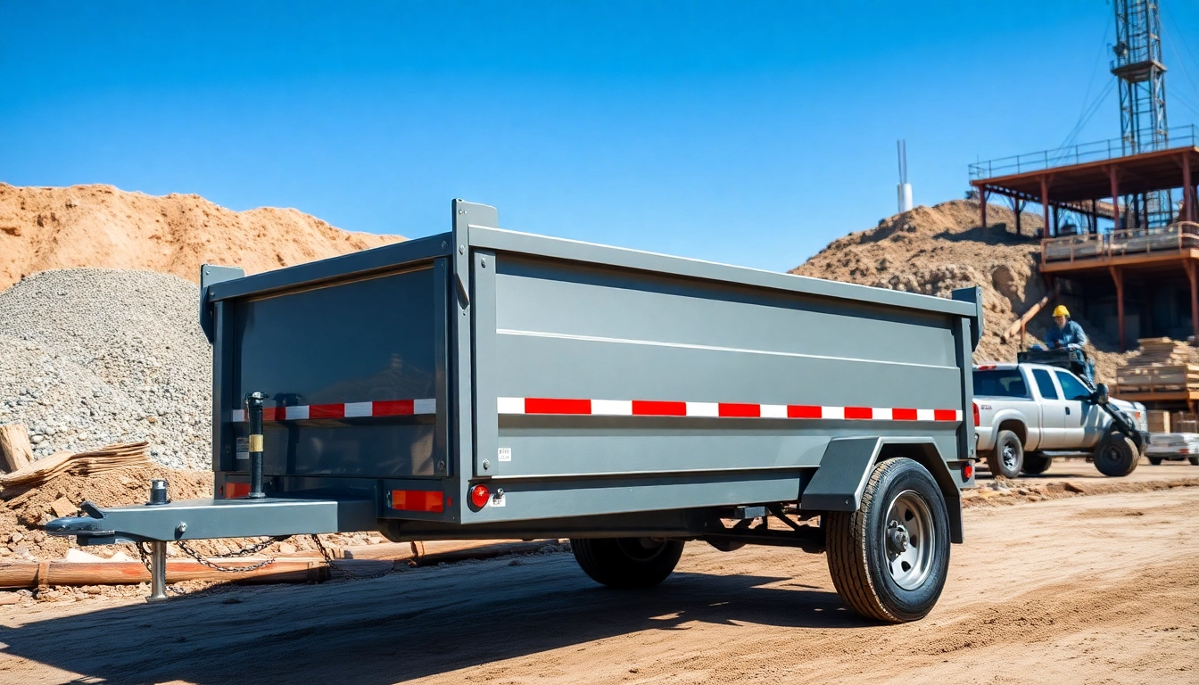 Find a used dump trailer for sale near me in a vibrant construction site setting.