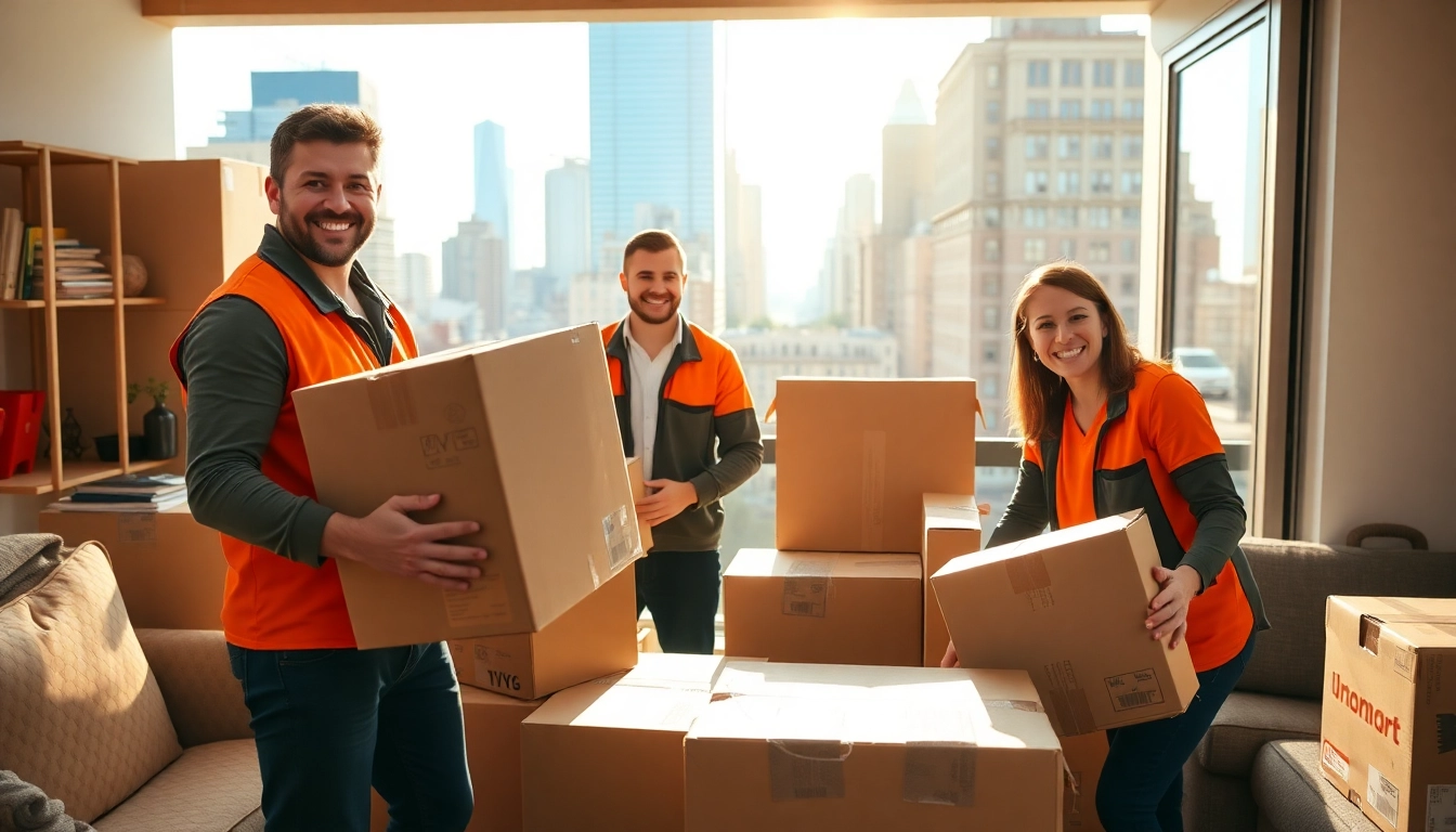Efficient Cheap movers nyc packing boxes in a vibrant NYC apartment, showcasing their professional service.
