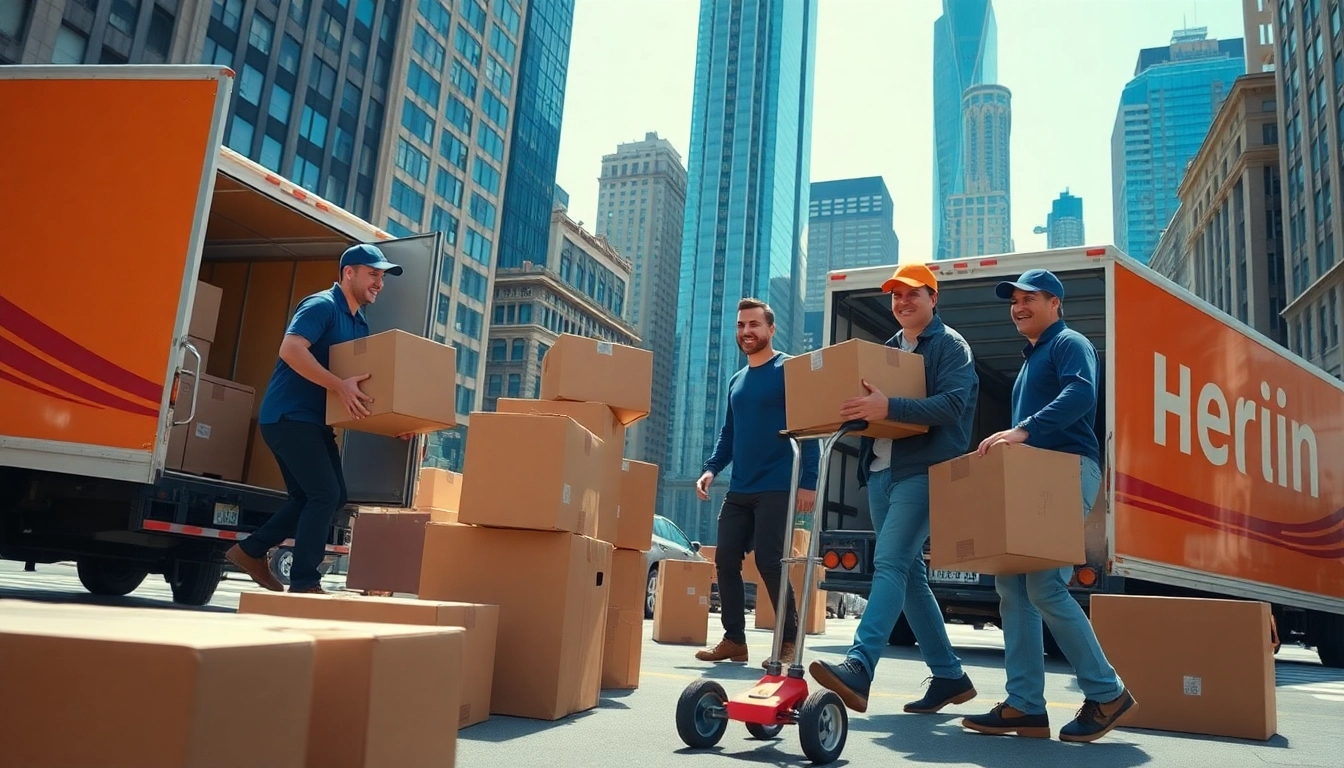 Movers from a moving company nyc carefully packing items in a busy urban setting.