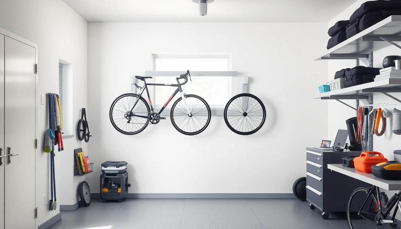 Maximize your space with a stylish compact bike storage solution in a neat garage.
