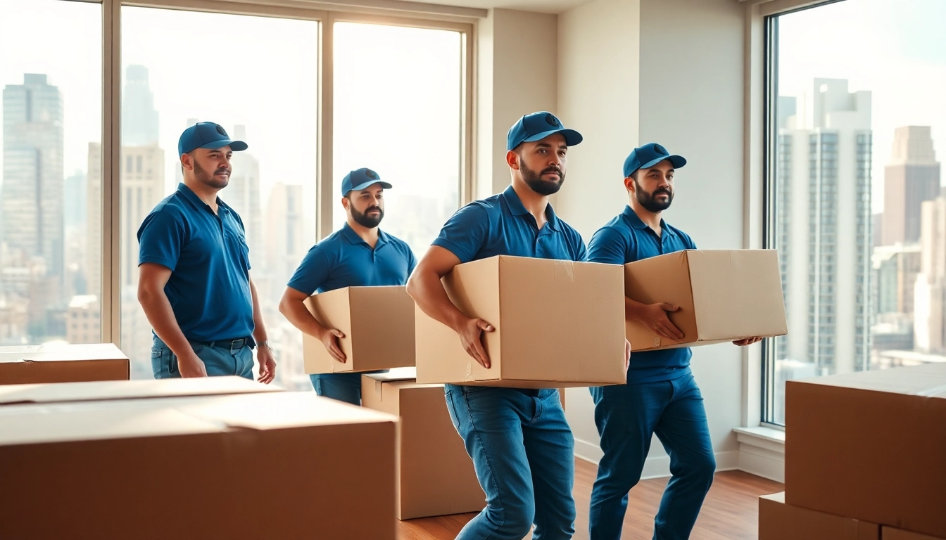 Cheap movers nyc helping with a move in a bright New York apartment, showcasing teamwork and efficiency.