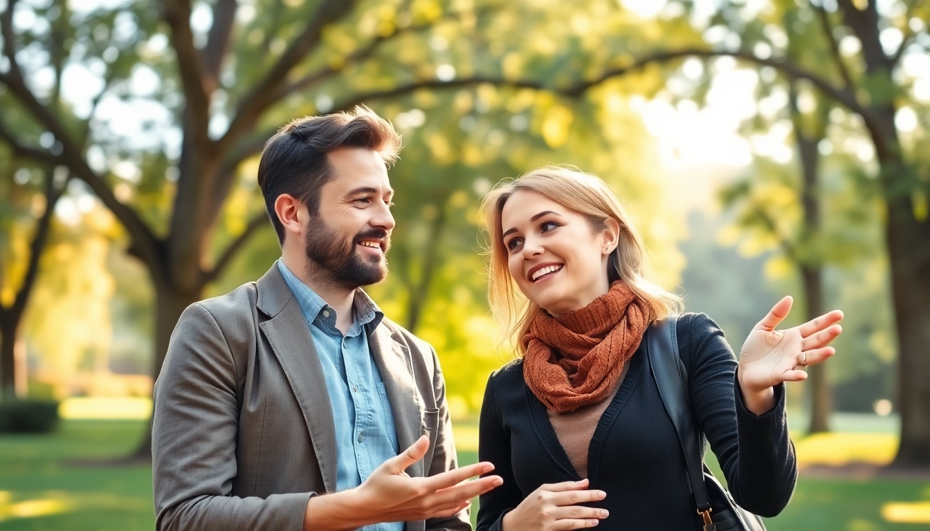 Couple practicing communication in relationships through an engaging conversation in a sunny park.