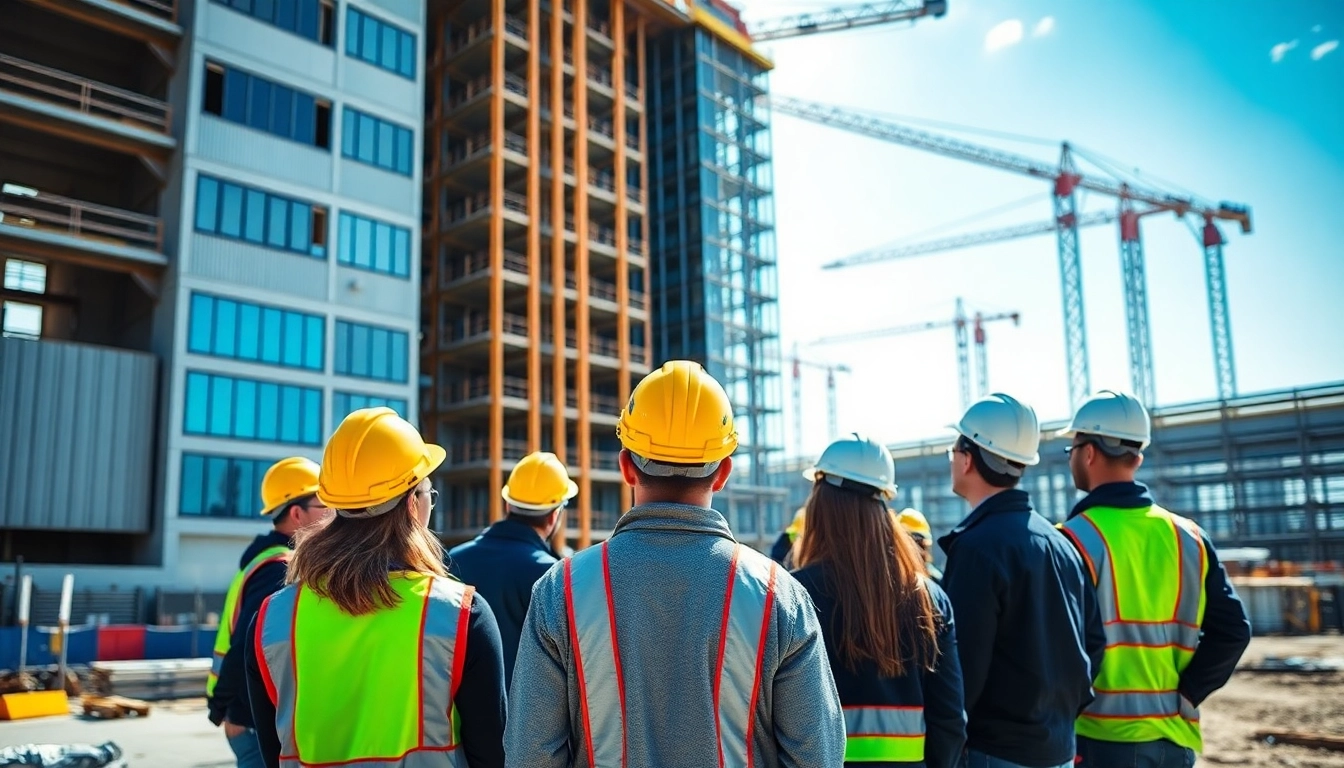 New York City Commercial General Contractor overseeing a large construction project with diverse workers.