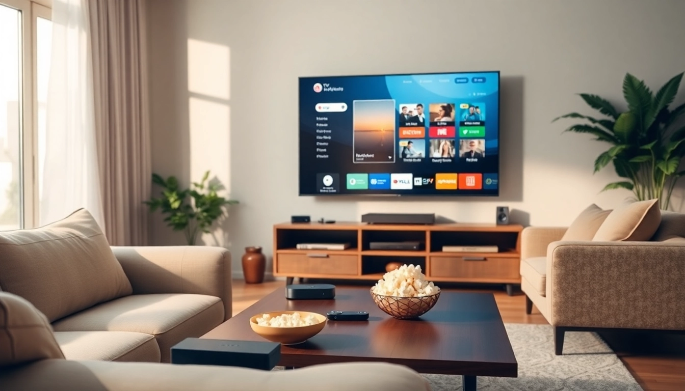 Enjoying an IPTV subscription in a cozy living room setting with a warm atmosphere.