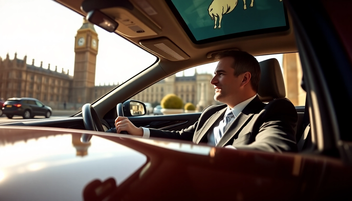 Experience reliable london chauffeur service with a professional driver in a luxurious car against a London backdrop.