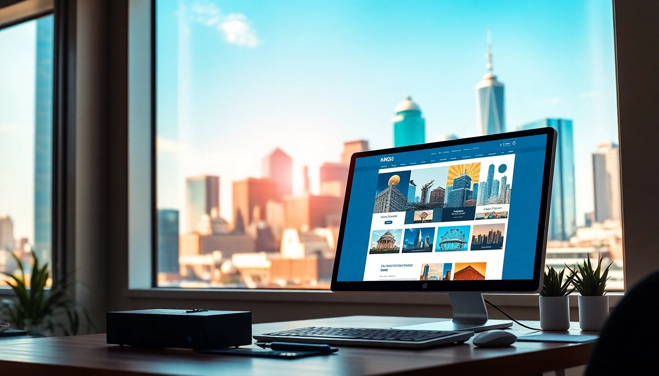 Creating modern website design kansas city with vibrant city skyline backdrop.