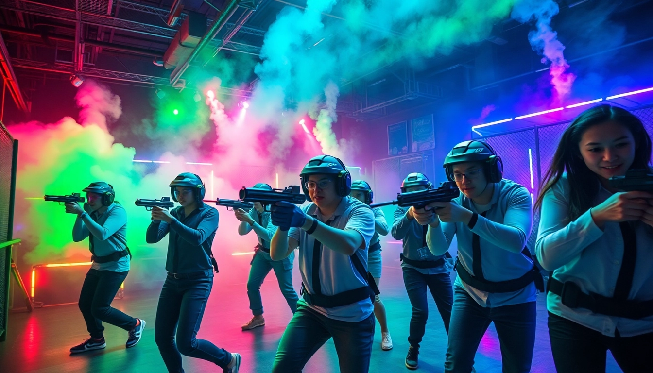 Exciting laser tag battle with players wearing gear in a colorful arena.