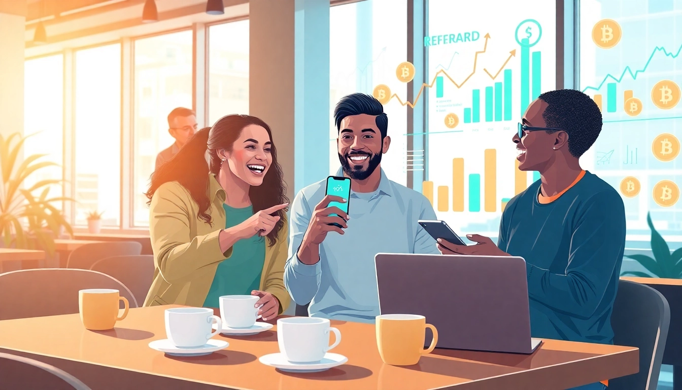 Engaging discussion on a crypto referral program among friends in a modern cafe setting.